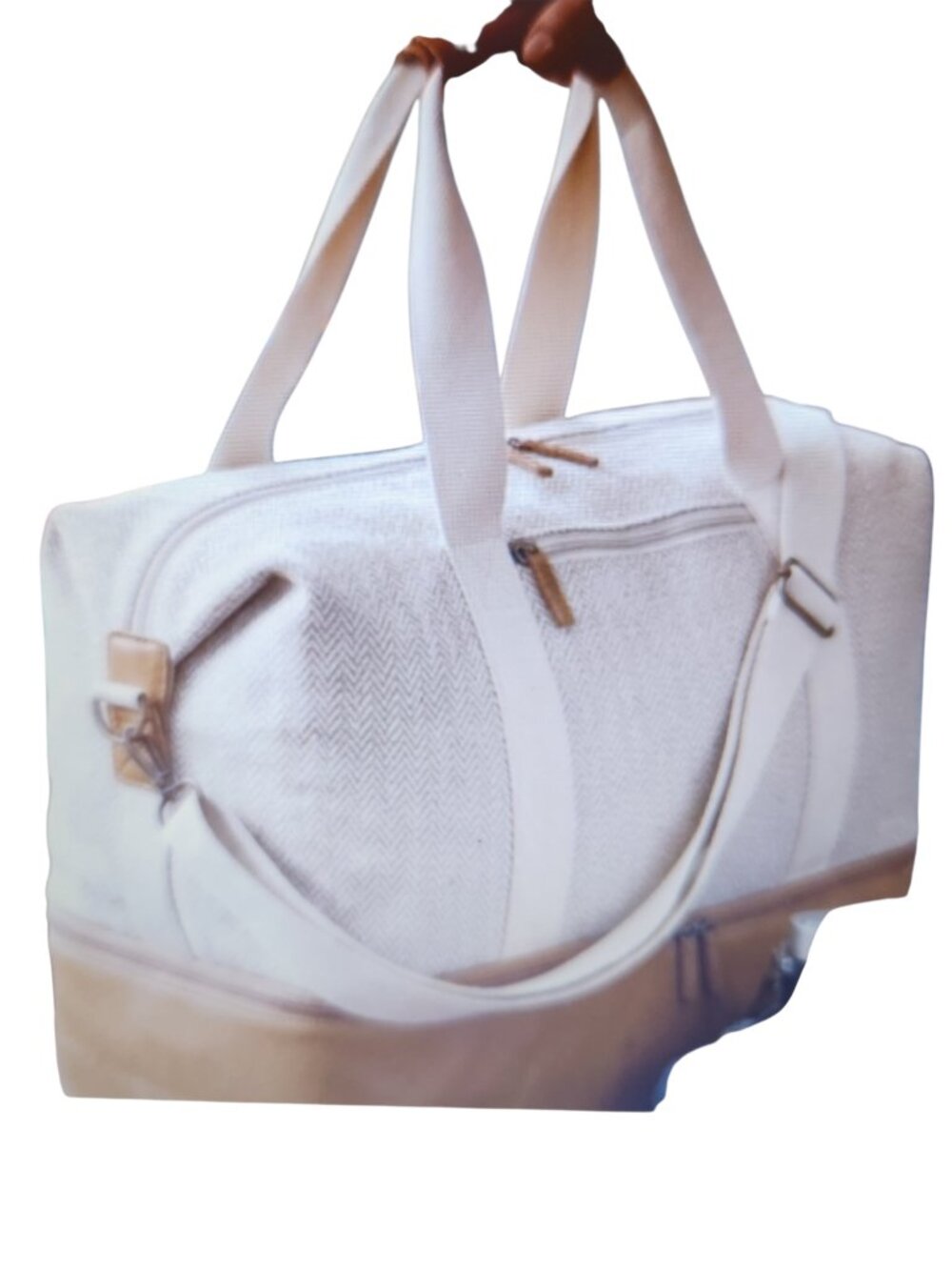 NWT DSW Weekender Duffel Bag Beige Cream Chevron Pattern - Picture 3 of 12